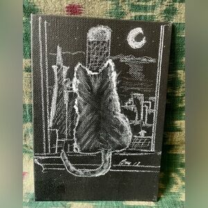 Original Black Cat Art San Francisco City Night Modernist Gothic Painting 5x7
